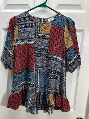 Hayden Multicolor Patchwork Peplum Dress - Red, Blue, Mustard